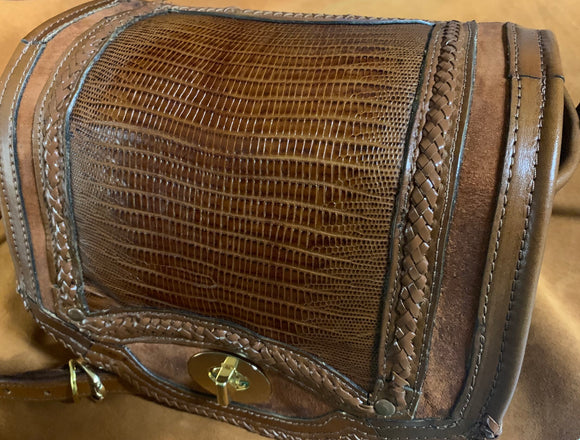 Brown Lizard Leather Lace Handbag